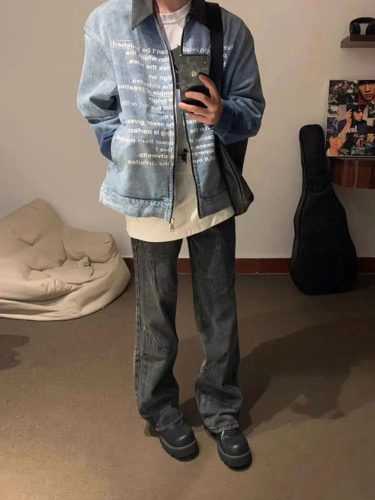 AIDASE  -  Men's Clothing Vintage Letter Zipper Denim Jacket Men's Spring And Fall Design Lapel Washed Biker Jacket Outerwears Coats Y2k aidase-shop