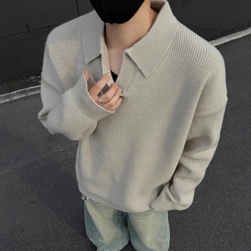 AIDASE  -  Autumn Winter Men's Sweater Korean Style Loose Long Sleeve Lapel Solid Color Male Pullover Fashion Casual Tops 21E7478 aidase-shop