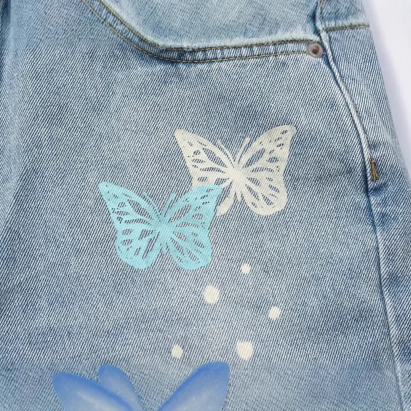 Aidase American Streetwear Butterfly Printed Straight Leg Jeans Man Hip Hop Splashed Ink Blue Jeans Y2k Slim Jeans Men 2024 Fashion aidase-shop