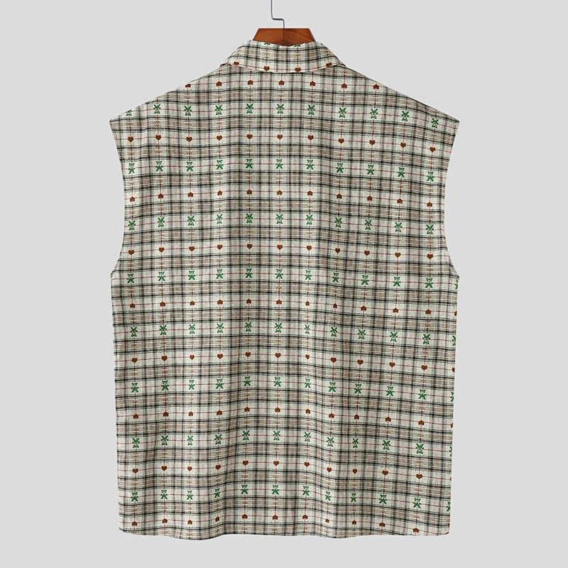 AIDASE  -  Men Shirt Plaid Patchwork Lapel Sleeveless Loose Male Shirts Summer Cotton Steetwear 2025 Casual Men Clothing Vacation aidase-shop