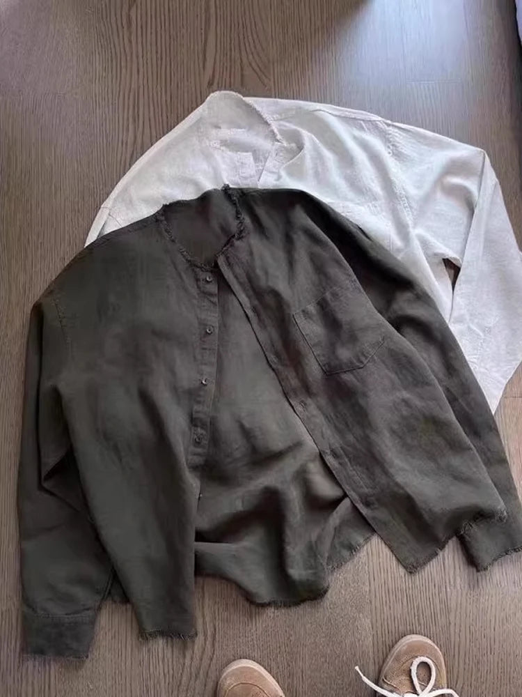 AIDASE  -  American Retro Linen irt Men's Lazy Loose Long Sve Collarl Design Sensation Cleanfit Top Sun Protection Casual Sle aidase-shop