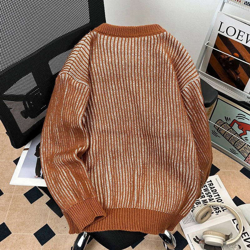 AIDASE  -  Autumn Winter Male Striped Sweater Round Neck Versatile Lazy Style Loose Drop Shoulder Men Knitted Pullover Tops 21E7594 aidase-shop