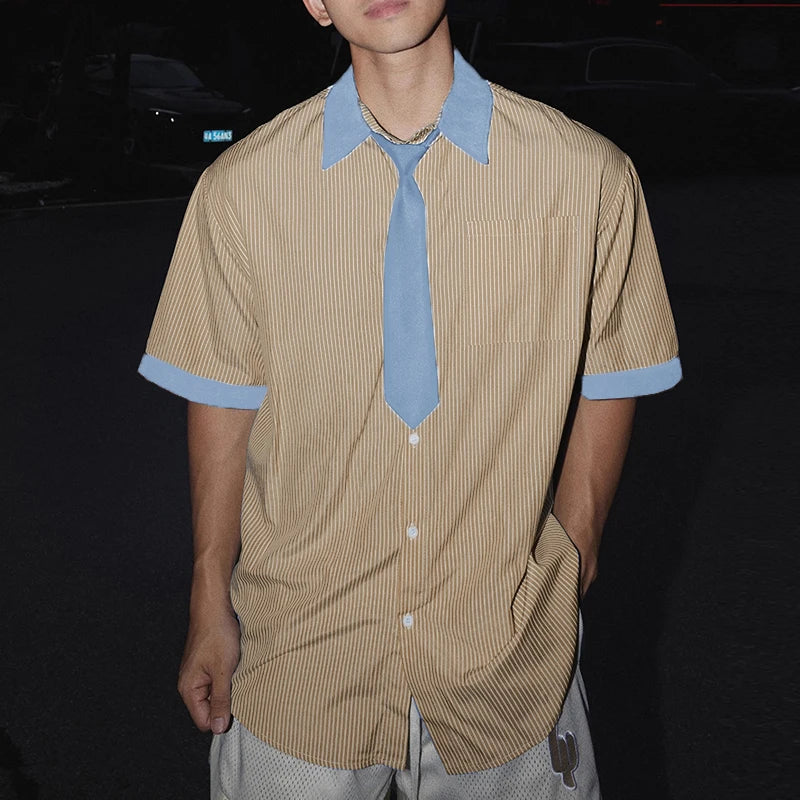 AIDASE  -  Men Shirt Striped Patchwork Lapel Short Sleeve Button Casual Men Clothing Loose Tie 2025 Fashion Male Shirts S-5XL Tops aidase-shop