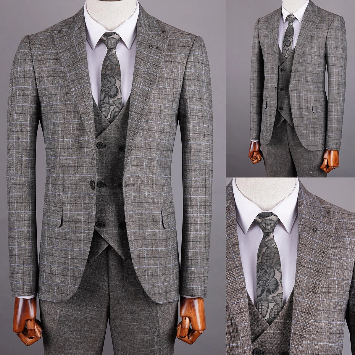 Aidase Light Gray Men's Suit 3 Pieces Blazer Pants One Button Peaked Lapel Plaid Wedding Slim Fit Groom Formal Tailored Costume Homme aidase-shop