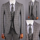 Aidase Light Gray Men's Suit 3 Pieces Blazer Pants One Button Peaked Lapel Plaid Wedding Slim Fit Groom Formal Tailored Costume Homme
