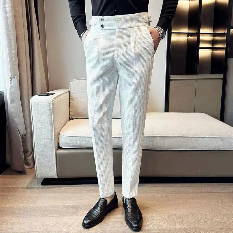 Aidase Fashion Slim Fit Waffle Pencil Pants Men Naples Suit Pant High Waist Button Business Casual Trousers High Quality Korean Pants aidase-shop