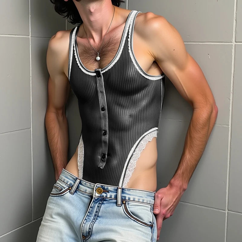 AIDASE  -  Men Bodysuits Lace Striped Patchwork O-neck Button Sleeveless Male Rompers Sexy 2025 Skinny Fashion Cozy Bodysuit Men aidase-shop