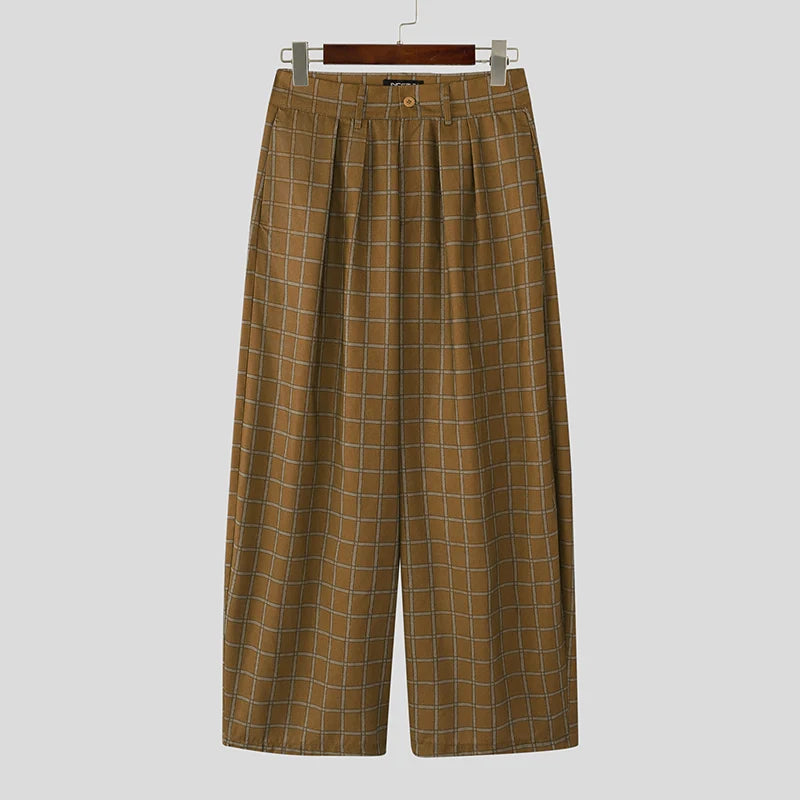 AIDASE  -  Men Pants Plaid Button Joggers Loose Casual Wide Leg Trousers Men Streetwear 2025 Pleated Oversize Fashion Long Pants aidase-shop