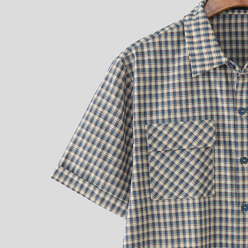 AIDASE  -  Men Plaid Shirt Lapel Short Sleeve Pockets Korean Style Men Clothing Summer Loose 2025 Streetwear Causal Male Crop Tops aidase-shop