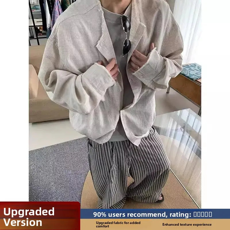 AIDASE  -  American Retro Linen irt Men's Lazy Loose Long Sve Collarl Design Sensation Cleanfit Top Sun Protection Casual Sle aidase-shop