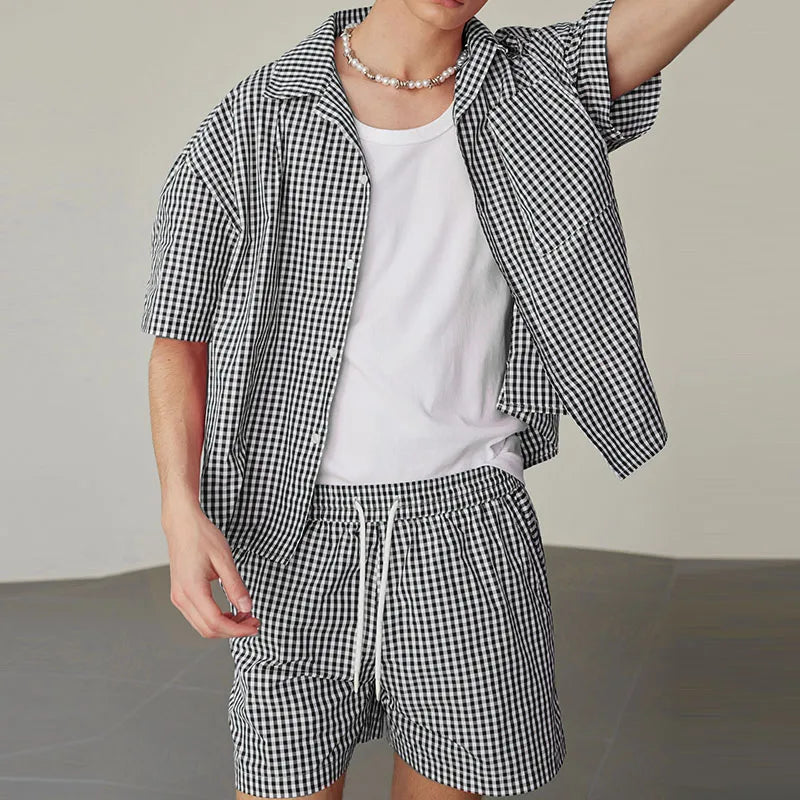 AIDASE  -  Men Plaid Sets Summer Vacation Streetwear Lapel Short Sleeve Shirt & Shorts 2PCS 2025 Loose Fashion Men's Casual Suits aidase-shop