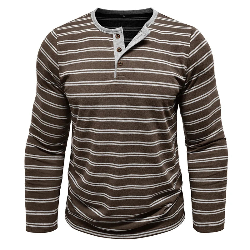 AIDASE  -  New Men's Henley Collar Long Sleeve T-Shirts Striped Casual Button T Shirt for Men Spring Autumn Male Fashion Cotton Tees Tops aidase-shop