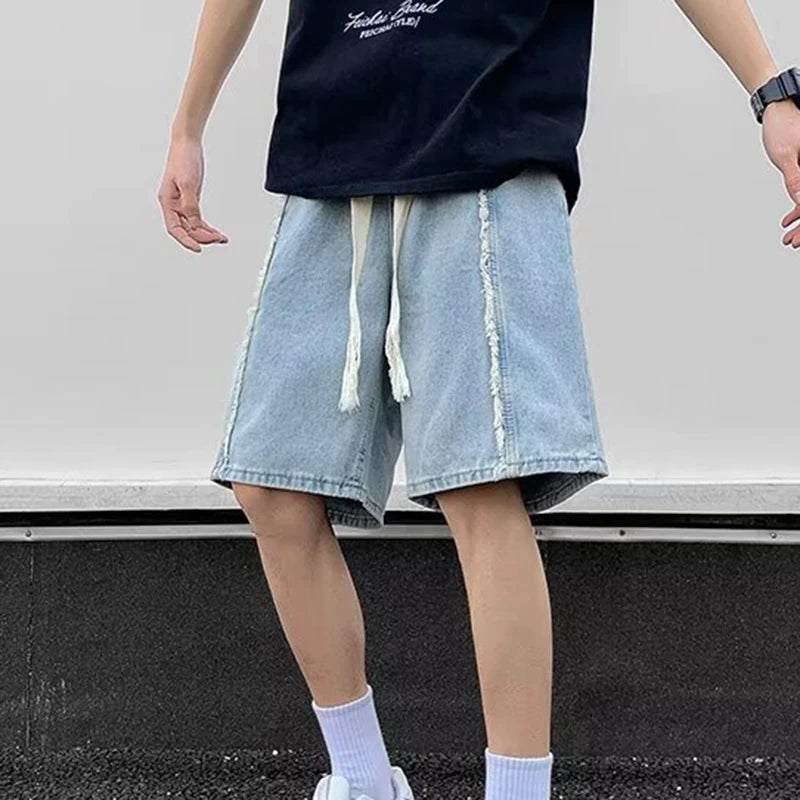 AIDASE  -  Elastic Waist Men Denim Short Summer American Style Loose Casual Versatile Washed Frayed Straight Wide-Leg Pants 21E6862 aidase-shop
