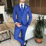 Aidase Men's Suit 3 Pieces Blazer Vest Pants One Button Peaked Lapel Pinstripes Formal Business Blue Slim Wedding Groom Costume Homme aidase-shop