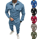 AIDASE  -  Men's Jacket Cargo Pants Set with Pocket Button Spring Fall Blue Tracksuit High Quality Solid Color Male Fashion 2 Pieces Suit