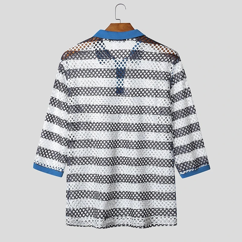 AIDASE  -  Men Shirt Striped Patchwork See Through Lapel Half Sleeve Hollow Out Male Shirts Streetwear Tops Fashion Men Clothing aidase-shop