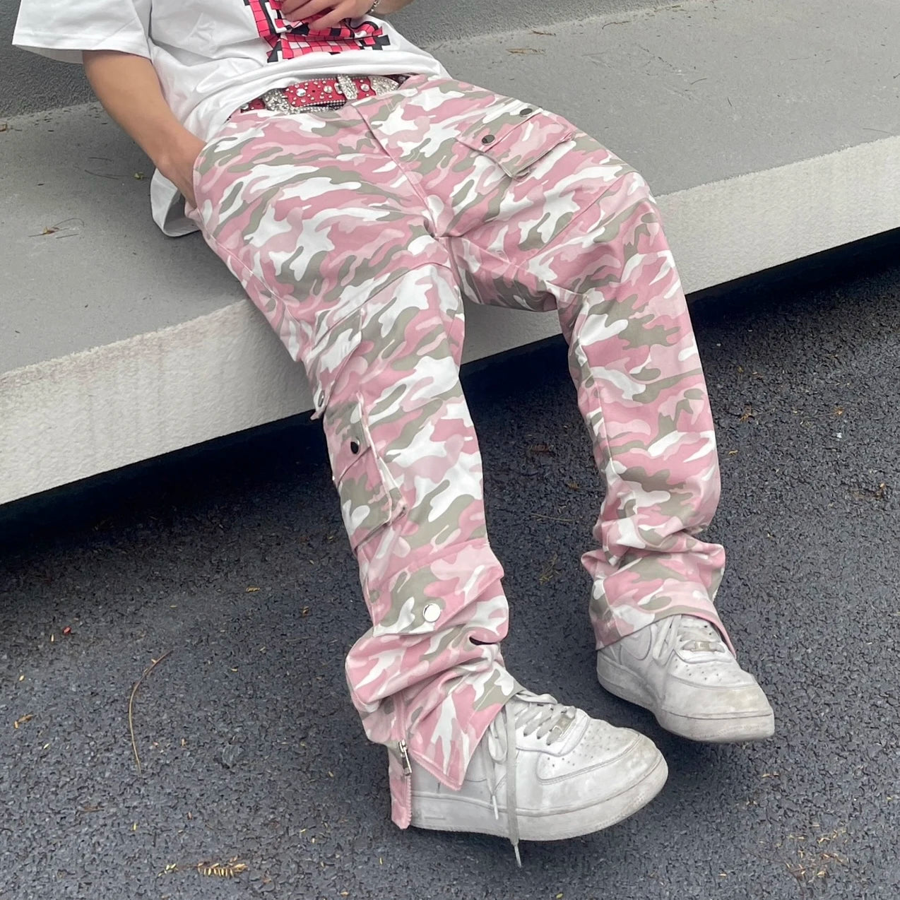 Aidase Fashion Streetwear Pink Camouflage Cargo Pants Hip Hop Multi-pocket Zip Up Trousers Flared Men Y2k Slim Fit Casual Pants Baggy aidase-shop