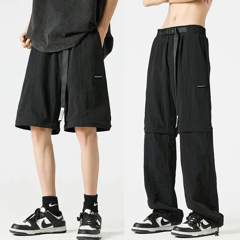 Aidase Fashionable Detachable Two-wear Pants Men Loose Straight-leg Functional Overalls Trendy Casual Versatile Ice Silk Trousers Chic aidase-shop