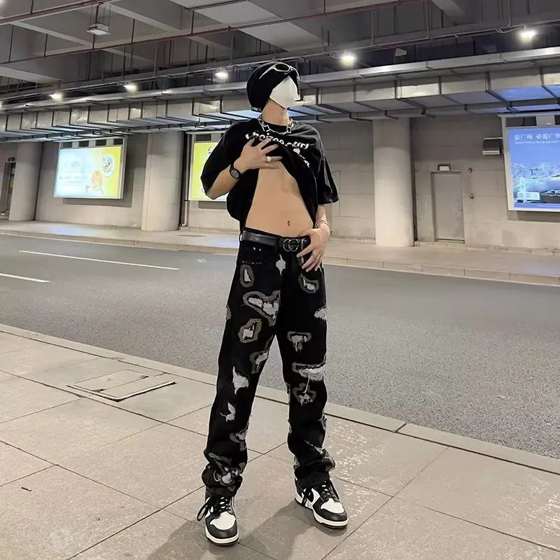 Aidase Y2K Blue Baggy Jeans Men's New Streetwear American Retro Printed Letter Pants Straight Hip-hop Loose Denim Trousers aidase-shop