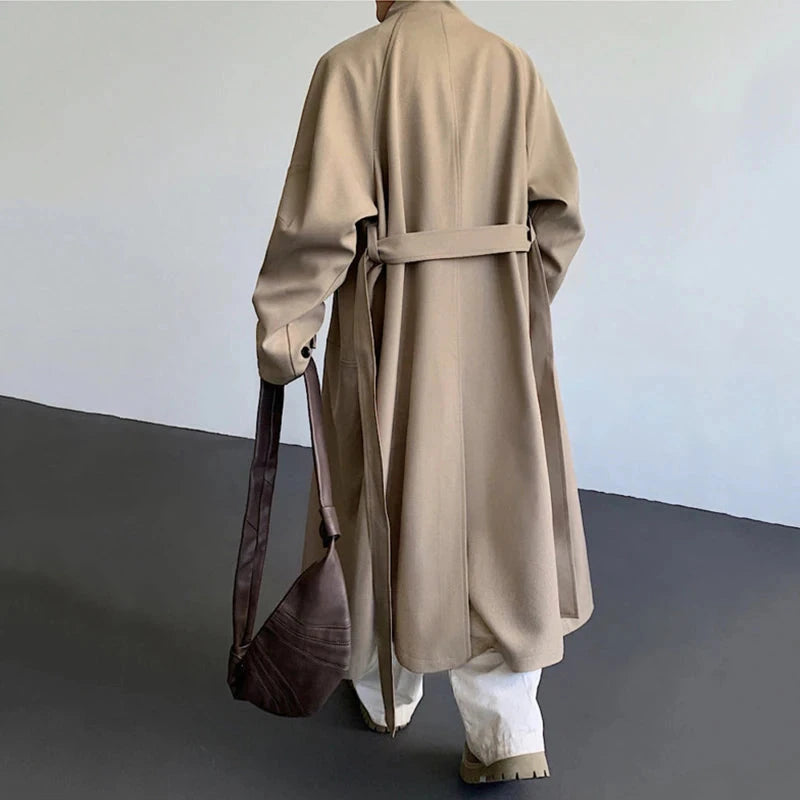 AIDASE  -  Autumn New Men's Mid-Length Trench Coat Korean Style Over-the-Knee Long Sleeve Lace-up Stand collar Windbreaker 21E7663 aidase-shop