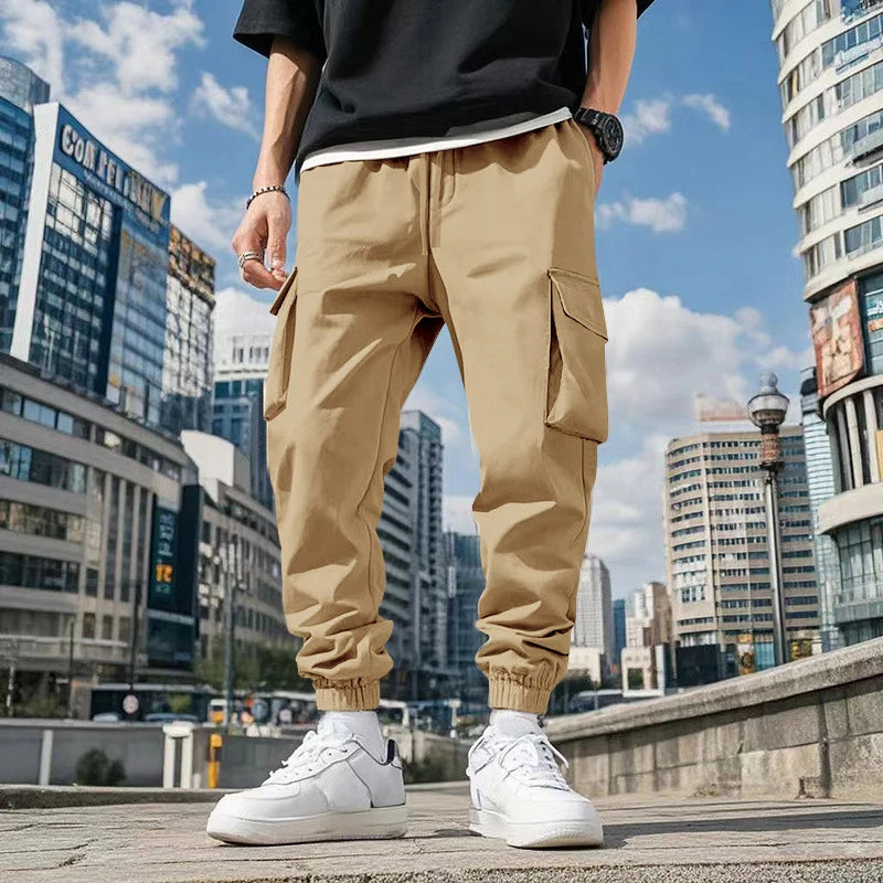 AIDASE  -  Summer Casual Loose Trousers Men Fashion Pure Color Drawstring Patchwork Pants Stylish Mens Multi Pockets Cargo Pants Streetwear aidase-shop
