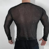 AIDASE  -  Men's Diamond Mesh Solid Color Long-Sleeved T-Shirt Sexy American Fashion Trend Casual Slim Breathable Niche Summer Men's Tops aidase-shop
