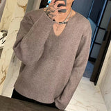 AIDASE  -  Spring Autumn Casual Solid Color V Neck Jumpers Men's Knitwear Fashion Long Sleeve Tees Vintage Textured Crochet Knit Tops Mens