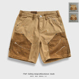 Aidase 100% Cotton Spray Painted Distressed Workwear Shorts for Men Summer American Casual Color Blocking Patchwork Half Pants Youth
