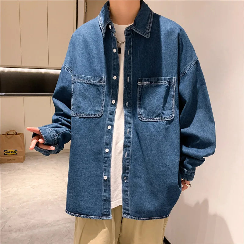 AIDASE  -  Denim Long-sleeved Shirt Men's Solid Color Autumn Korean Style Trendy Simple Shirt Hong Kong Style Loose and Handsome Ins Jacket aidase-shop