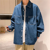 AIDASE  -  Denim Long-sleeved Shirt Men's Solid Color Autumn Korean Style Trendy Simple Shirt Hong Kong Style Loose and Handsome Ins Jacket aidase-shop