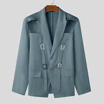 AIDASE  -  Tops 2025 American Style Fashion Men Hollow Button Design Suit Coat Casual Streetwear Solid Long Sleeved Lace Up Blazers aidase-shop