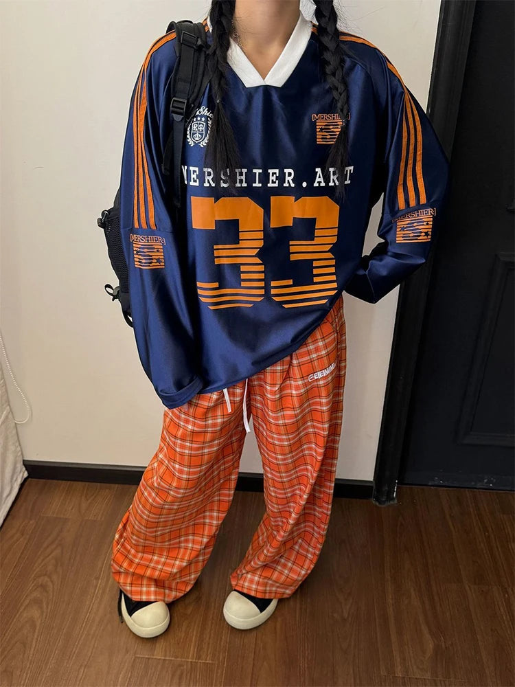 AIDASE  -  Retro Sports Jersey satin T shirt Men's clothing Hip Hop Printing V-neck Oversized Long Sleeved T shirt Casual Streetwear Autumn aidase-shop