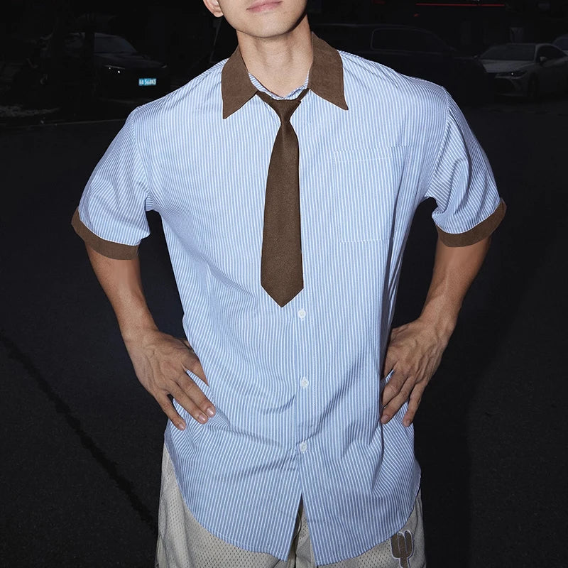 AIDASE  -  Men Shirt Striped Patchwork Lapel Short Sleeve Button Casual Men Clothing Loose Tie 2025 Fashion Male Shirts S-5XL Tops aidase-shop