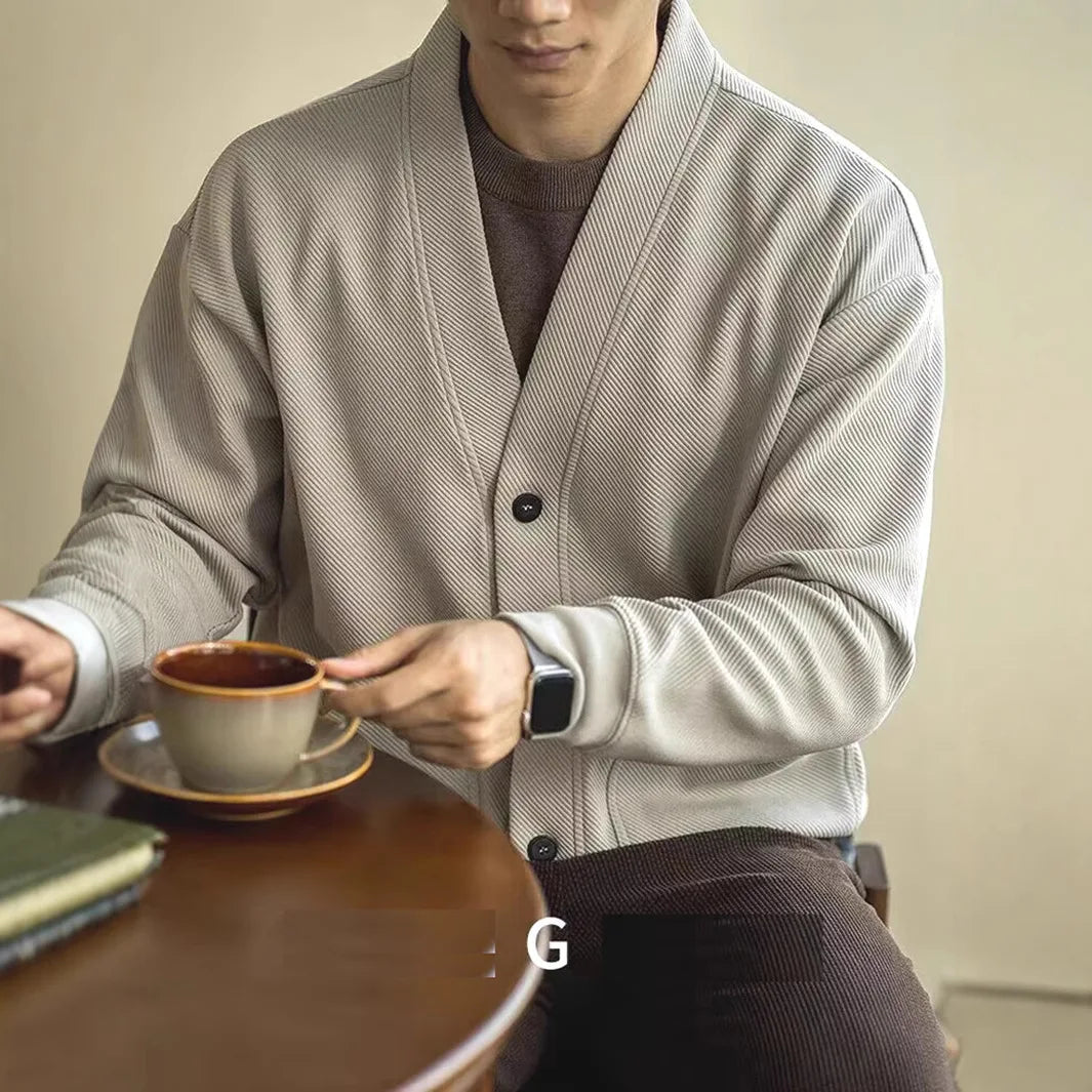 AIDASE  -  European Large V-neck Work Jacket Men's Twill Texture Elastic Long-sleeved Sweatshirt Cardigan Casual Commuting aidase-shop