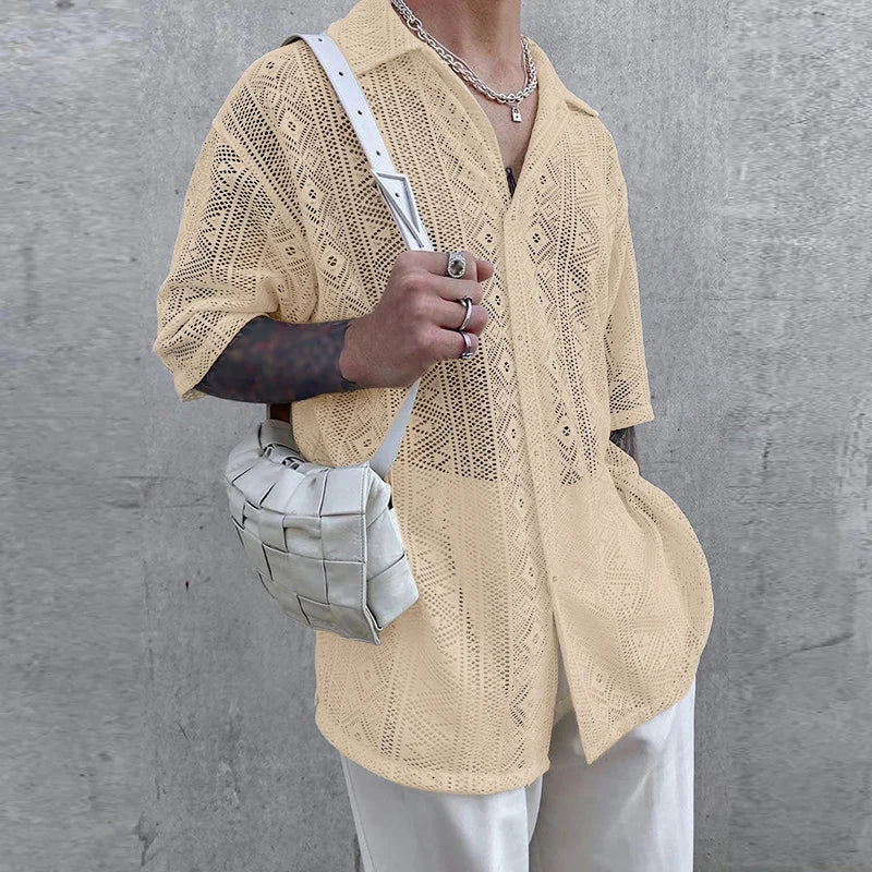 AIDASE  -  Men Shirt Mesh See Through Lapel Short Sleeve Sexy Male Shirts Summer Loose Tops Streetwear 2025 Fashion Men Clothing aidase-shop