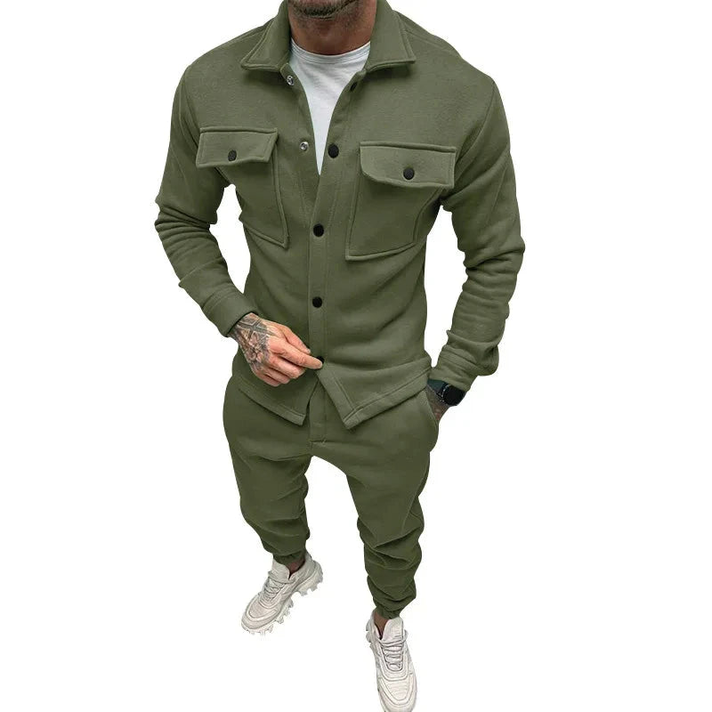 AIDASE  -  Men's Jacket Cargo Pants Set with Pocket Button Spring Fall Blue Tracksuit High Quality Solid Color Male Fashion 2 Pieces Suit aidase-shop