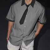 AIDASE  -  Men Shirt Striped Patchwork Lapel Short Sleeve Button Casual Men Clothing Loose Tie 2025 Fashion Male Shirts S-5XL Tops