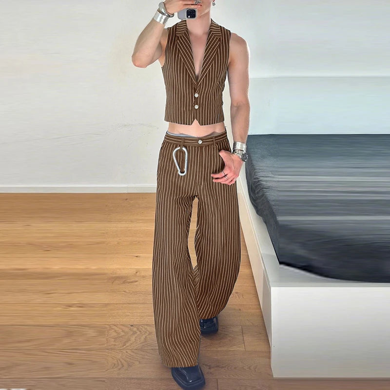 AIDASE  -  Men Striped Sets Lapel Sleeveless Vests & Pants Two Pieces Sets Streetwear Elegant 2025 Fashion Casual Men's Suits S-5XL aidase-shop