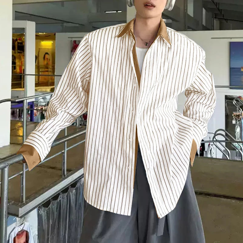 AIDASE  -  Men Shirt Striped Patchwork Lapel Long Sleeve Loose Men Clothing Streetwear 2025 Fashion Casual Male Shirts Korean Style aidase-shop
