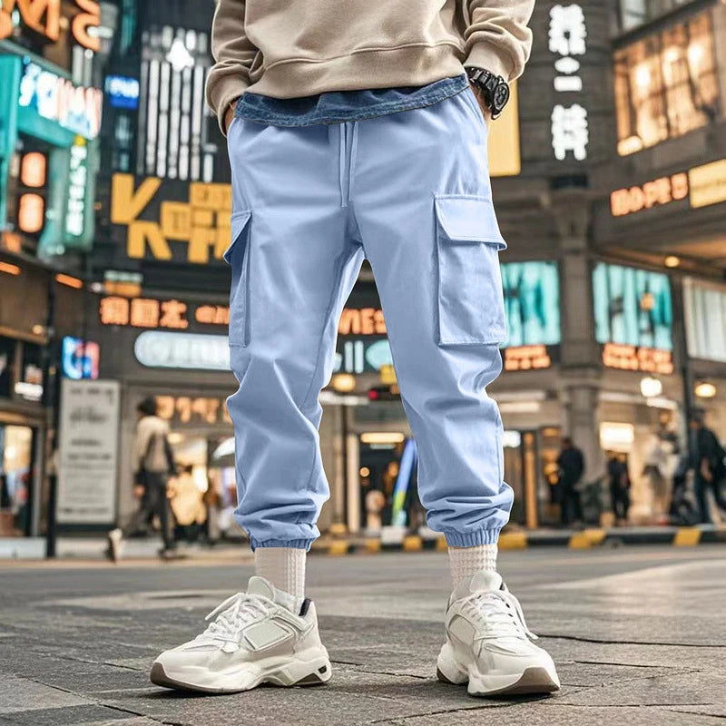 AIDASE  -  Summer Casual Loose Trousers Men Fashion Pure Color Drawstring Patchwork Pants Stylish Mens Multi Pockets Cargo Pants Streetwear aidase-shop