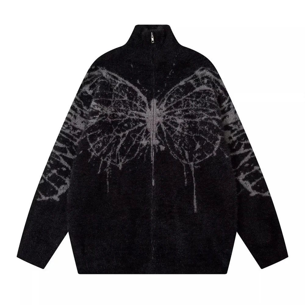 AIDASE  -  American Retro Butterfly Jacquard Zipper Cardigan Sweater Men Autumn Winter Trendy Street Lazy Loose Knitted Jacket Men Clothing aidase-shop