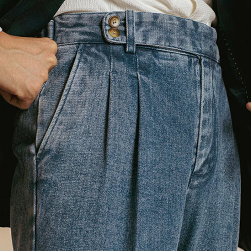 Aidase High Quality Double Pleated Jeans Straight Tube Loose Washed High Grade Casual Pant Men Dress Trouser Straight Leg Pant Naples aidase-shop