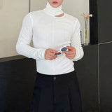 AIDASE  -  Hole High Collar Long-Sleeved T-Shirt For Men Autumn Fashion Slim Solid Color Top Korean Style All-Match Tight Bottoming Shirt