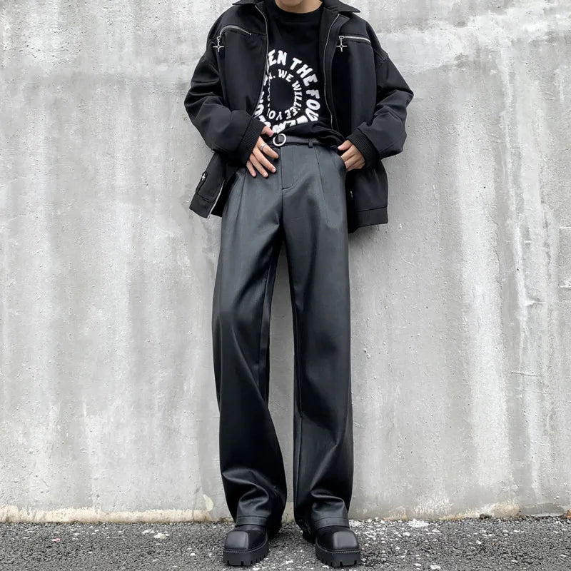 Aidase Black Leather Pants Men Fashion Casual Straight Pants Men Street wear Korean Loose Wide Leg Pants Men Motorcycle Trousers S-2XL aidase-shop