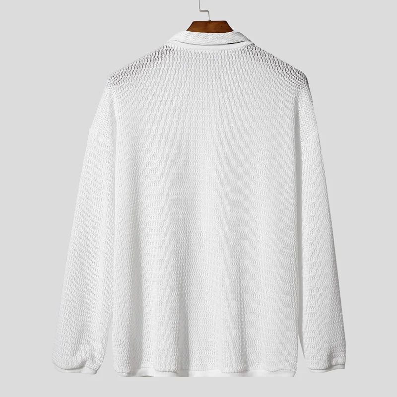 AIDASE  -  Men Sweater Solid V Neck Long Sleeve Hollow Out See Through Male Pullovers Streetwear Loose Fashion Casual Men Clothing aidase-shop