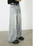 Aidase Korean Style Retro Fashion Distressed Light Blue Jeans Men Zippered Loose Casual Straight Leg Wide Leg Pants aidase-shop