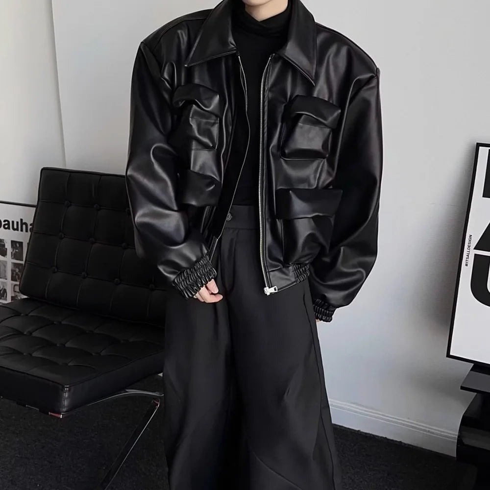 AIDASE  -  Y2K Mens PU Leather Jacket Pocket Motorcycle Coat Spring Casual Gothic High Street Dark Silhouette Top Men's Wear Unisex 2025 aidase-shop