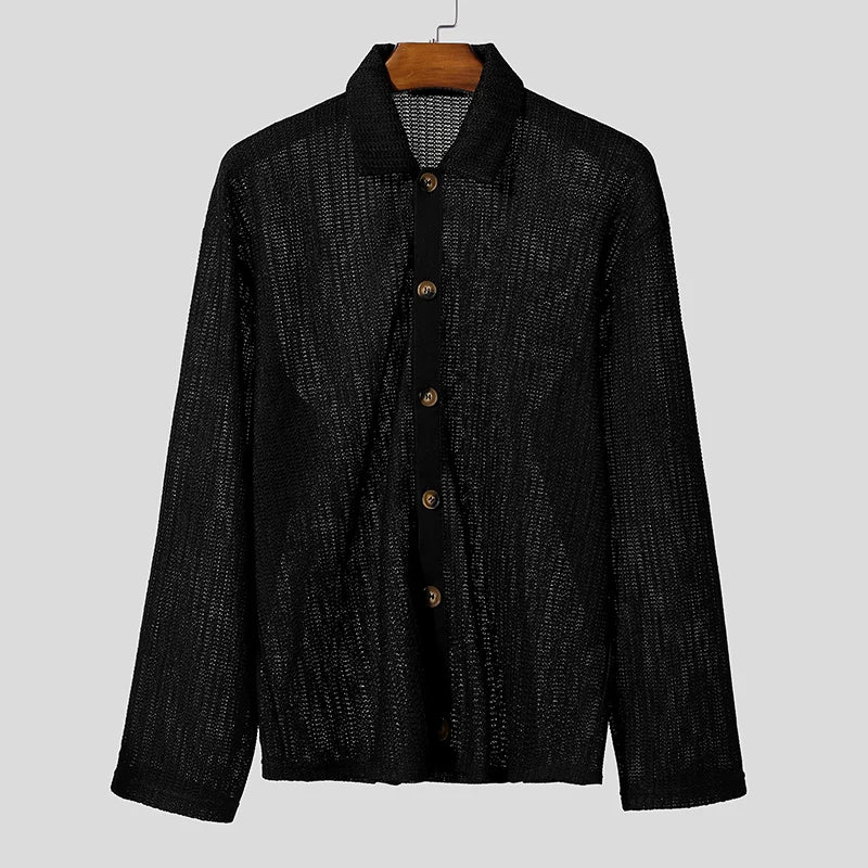 AIDASE  -  Men Shirt Hollow Out See Through Solid Color Lapel Long Sleeve Men Clothing Streetwear Loose 2025 Fashion Casual Tops aidase-shop