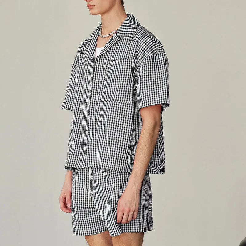 AIDASE  -  Men Plaid Sets Summer Vacation Streetwear Lapel Short Sleeve Shirt & Shorts 2PCS 2025 Loose Fashion Men's Casual Suits aidase-shop