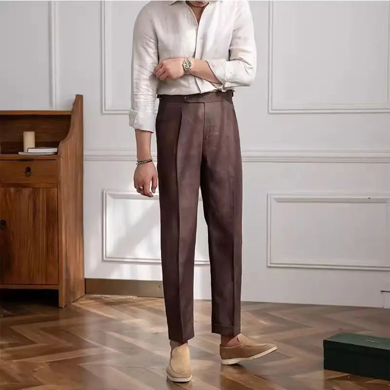 Aidase 100% Linen Italian Naples Pants Men High Waist Straight  Suit Trousers Spring Summer Fashion Lightweight Breathable Casual Pants aidase-shop